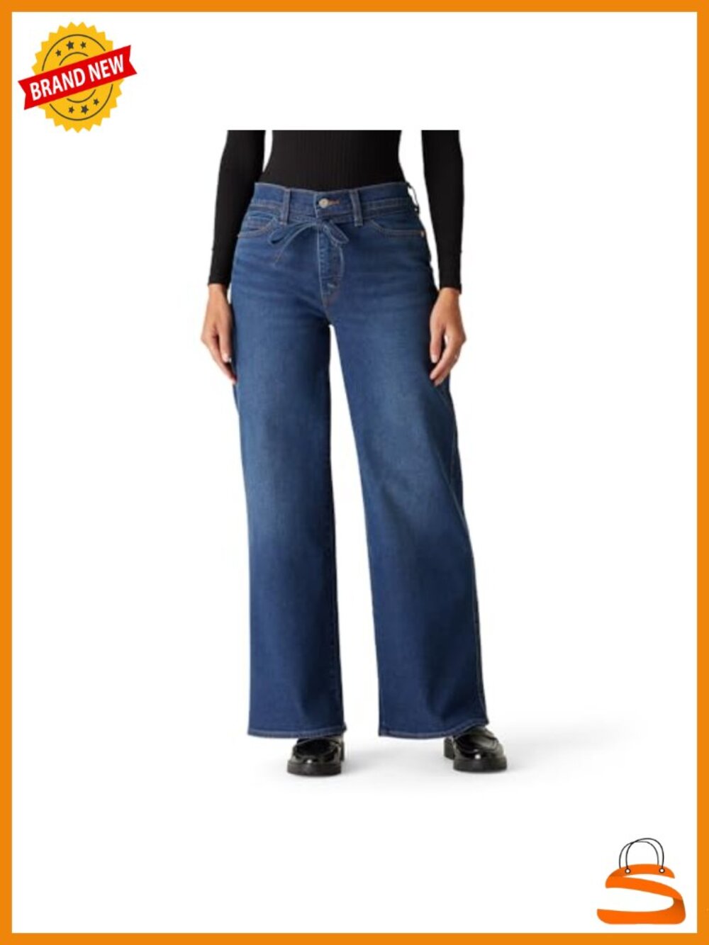 Wide Leg Stretch Denim Jeans with Removable Belt, Mid-Rise